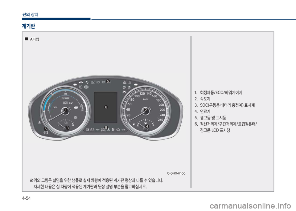 Hyundai Grandeur Hybrid 2018  그랜저 HG HEV - 사용 설명서 (in Korean) 4-54
편의보장치
계기판
1.보 보회생제동호시C차호파워게이

