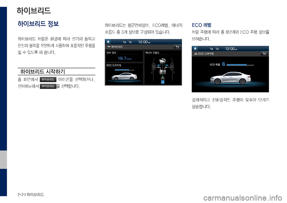 Hyundai Grandeur Hybrid 2017  그랜저 IG 하이브리드 표준5 내비게이션 (in Korean) 2-2 I 하이브리드
하이브리드 정보
하이브리드	차량은	환경에	따라	전기의	동력과	
엔진의	동력을	유연하게	사용하여	효율적인	주행을	
할	수	있도록	해