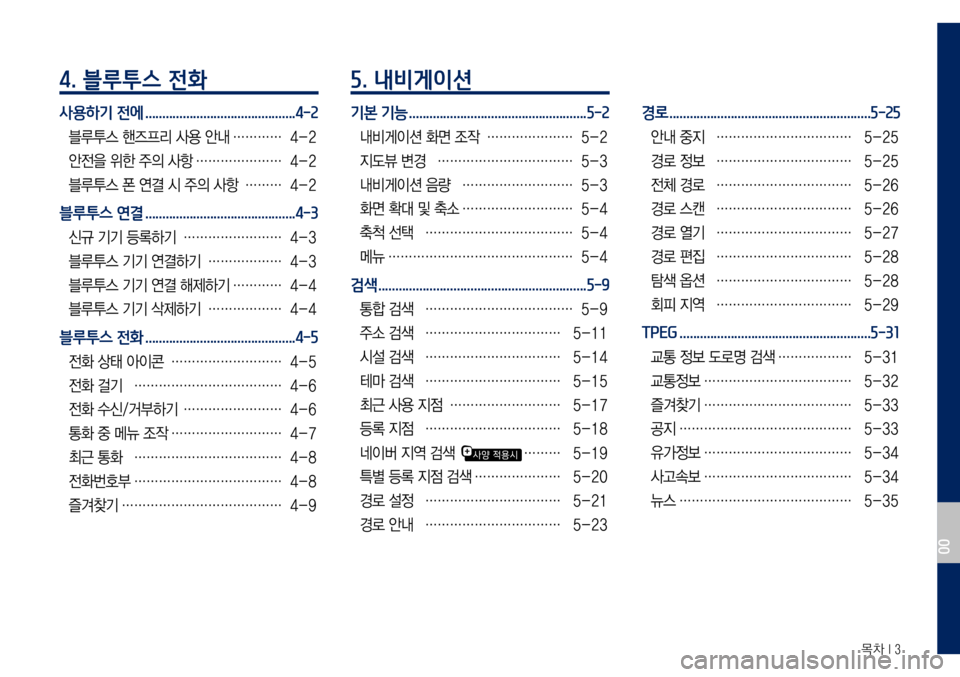 Hyundai Grandeur Hybrid 2017 그랜저 IG 하이브리드 표준5 내비게이션 (in Korean) 목차 I 3
4. 블루투스 전화
사용하기 전에 ............................................4-2
블루투스 핸즈프리 사용 안내 …………4-2
안전을 위한 주의 사항
…… Hyundai Grandeur Hybrid 2017 그랜저 IG 하이브리드 표준5 내비게이션 (in Korean) 목차 I 3
4. 블루투스 전화
사용하기 전에 ............................................4-2
블루투스 핸즈프리 사용 안내 …………4-2
안전을 위한 주의 사항
……