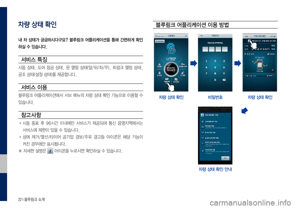 Hyundai Grandeur Hybrid 2017  그랜저 IG 하이브리드 블루링크, UVO (in Korean) 22 I 블루링크 소개
차량 상태 확인
내  차  상태가  궁금하시다구요?  블루링크  어플리케이션을  통해  간편하게  확인
하실 수 있습니다.
서비스 특징
