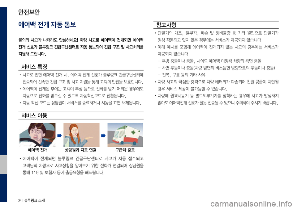 Hyundai Grandeur Hybrid 2017  그랜저 IG 하이브리드 블루링크, UVO (in Korean) 24 I 블루링크 소개
에어백 전개 자동 통보
불의의  사고가  나더라도  안심하세요!  차량  사고로  에어백이  전개되면  에어백 
전개 신호가 블루링크 