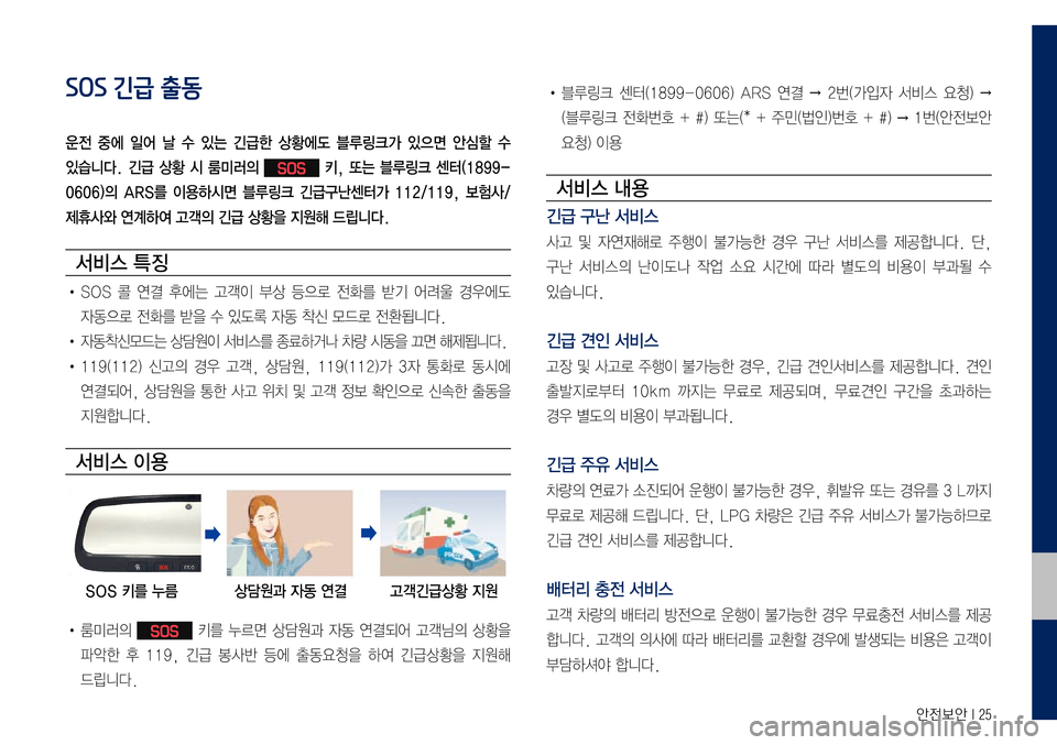 Hyundai Grandeur Hybrid 2017 그랜저 IG 하이브리드 블루링크, UVO (in Korean) 안전보안 I 25
SOS 긴급 출동
운전 중에 일어 날 수 있는 긴급한 상황에도 블루링크가 있으면 안심할 수
있습니다. 긴급 상황 시 룸미러의
SO Hyundai Grandeur Hybrid 2017 그랜저 IG 하이브리드 블루링크, UVO (in Korean) 안전보안 I 25
SOS 긴급 출동
운전 중에 일어 날 수 있는 긴급한 상황에도 블루링크가 있으면 안심할 수
있습니다. 긴급 상황 시 룸미러의
SO