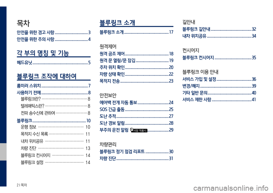 Hyundai Grandeur Hybrid 2017 그랜저 IG 하이브리드 블루링크, UVO (in Korean) 2 I 목차
목차
안전을 위한 경고 사항 ..................................3
안전을 위한 주의 사항
..................................4
각 부의 명칭 및 기능
헤드유닛 .... Hyundai Grandeur Hybrid 2017 그랜저 IG 하이브리드 블루링크, UVO (in Korean) 2 I 목차
목차
안전을 위한 경고 사항 ..................................3
안전을 위한 주의 사항
..................................4
각 부의 명칭 및 기능
헤드유닛 ....