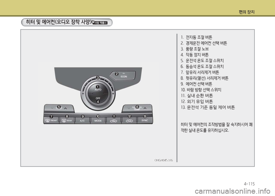 Hyundai Grandeur Hybrid 2016  그랜저 HG HEV - 사용 설명서 (in Korean) 편의 장치
4-115
1. 전자동 조절 버튼
2. 경제운전 에어컨 선택 버튼
3. 풍량 조절 노브
4. 작동 정지 버튼
5. 운전석 온도 조절 스위치
6. 동승석 온도 조절 