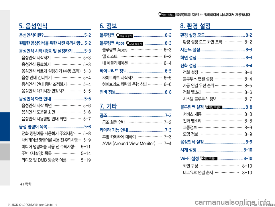 Hyundai Grandeur Hybrid 2015  그랜저HG 하이브리드 표준4 내비게이션 (in Korean) ���*�~0
5. 음성인식
음성인식이란? .......................................... 5-2
원활한 음성인식을 위한 사전 유의사항 .... 5-2
음성인식 시작/종료 및 설정하