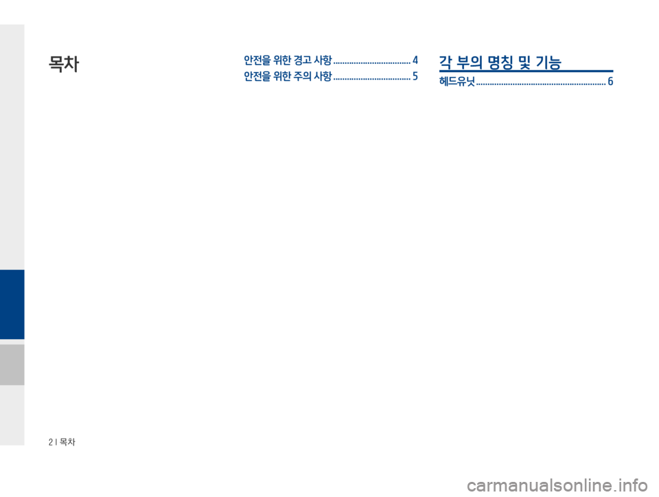 Hyundai Grandeur Hybrid 2015  그랜저HG 하이브리드 표준4 블루링크, UVO (in Korean) ���*�~0
목차안전을 위한 경고 사항 .................................. 4
안전을 위한 주의 사항 .................................. 5각 부의 명칭 및 기능 
헤드유닛 ...