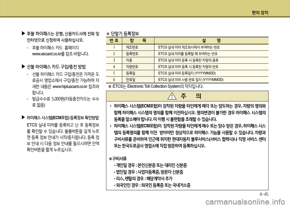 Hyundai Grandeur Hybrid 2014  그랜저 HG HEV - 사용 설명서 (in Korean) 편의 장치4-4자
 
▶
후불  하이패스는  은행 , 신용카드사에  전B
