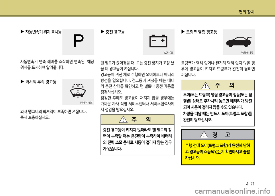 Hyundai Grandeur Hybrid 2014  그랜저 HG HEV - 사용 설명서 (in Korean) 편의 장치4-7소
 
▶
4동변.기  위치  표/d등
4동변.기  변.  레버를  4