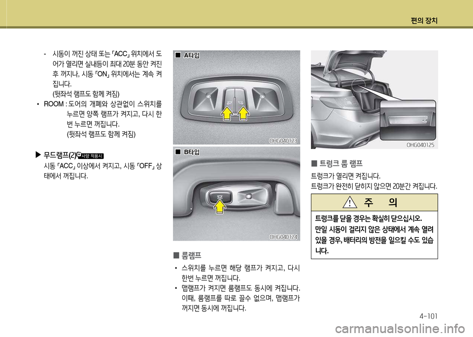 Hyundai Grandeur Hybrid 2014  그랜저 HG HEV - 사용 설명서 (in Korean) 편의 장치4-소0소
 
0 ?@렁크
 룸  $0프
?@$
