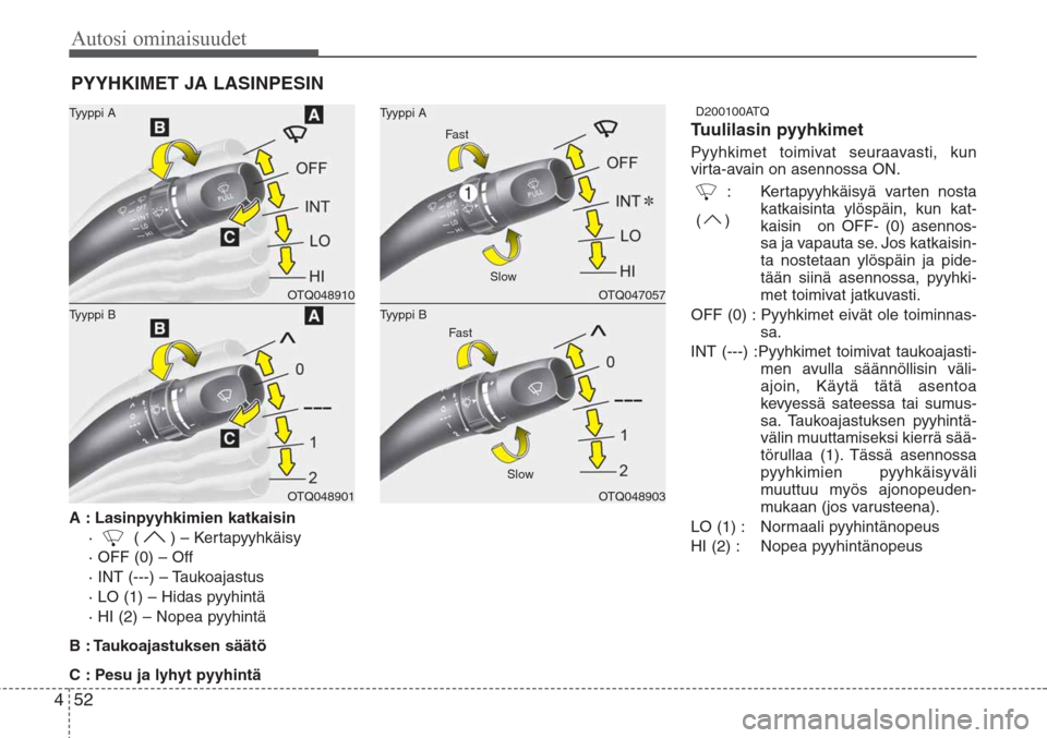 Hyundai H-1 2008  Omistajan Käsikirja (in Finnish) A : Lasinpyyhkimien katkaisin
·  ( ) – Kertapyyhkäisy
· OFF (0) – Off
· INT (---) – Taukoajastus 
· LO (1) – Hidas pyyhintä
· HI (2) – Nopea pyyhintä
B : Taukoajastuksen säätö 
C 