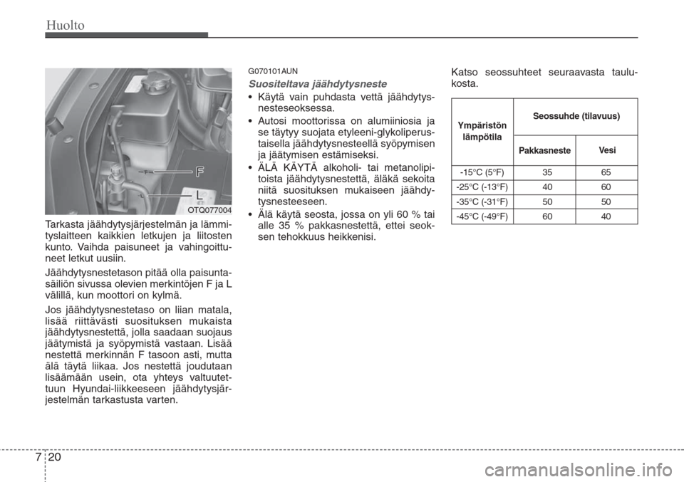 Hyundai H-1 2008  Omistajan Käsikirja (in Finnish) Huolto
20 7
Tarkasta jäähdytysjärjestelmän ja lämmi-
tyslaitteen kaikkien letkujen ja liitosten
kunto. Vaihda paisuneet ja vahingoittu-
neet letkut uusiin.
Jäähdytysnestetason pitää olla pais