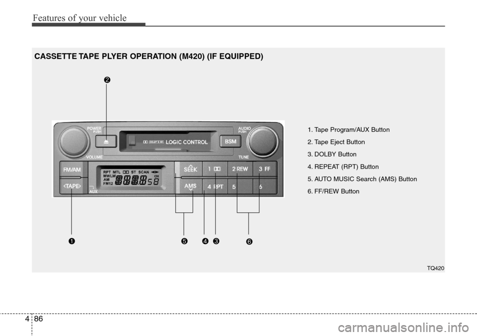 Hyundai H-1 (Grand Starex) 2016  Owners Manual - RHD (UK, Australia) Features of your vehicle
86 4
1. Tape Program/AUX Button
2. Tape Eject Button
3. DOLBY Button
4. REPEAT (RPT) Button 
5. AUTO MUSIC Search (AMS) Button
6. FF/REW Button
CASSETTE TAPE PLYER OPERATION (