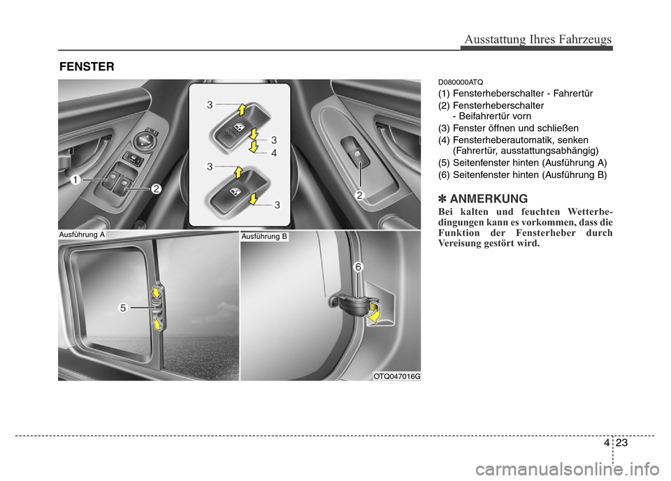 Hyundai H-1 (Grand Starex) 2016  Betriebsanleitung (in German) 423
Ausstattung Ihres Fahrzeugs
D080000ATQ
(1) Fensterheberschalter - Fahrertür
(2) Fensterheberschalter
- Beifahrertür vorn
(3) Fenster öffnen und schließen
(4) Fensterheberautomatik, senken
(Fah
