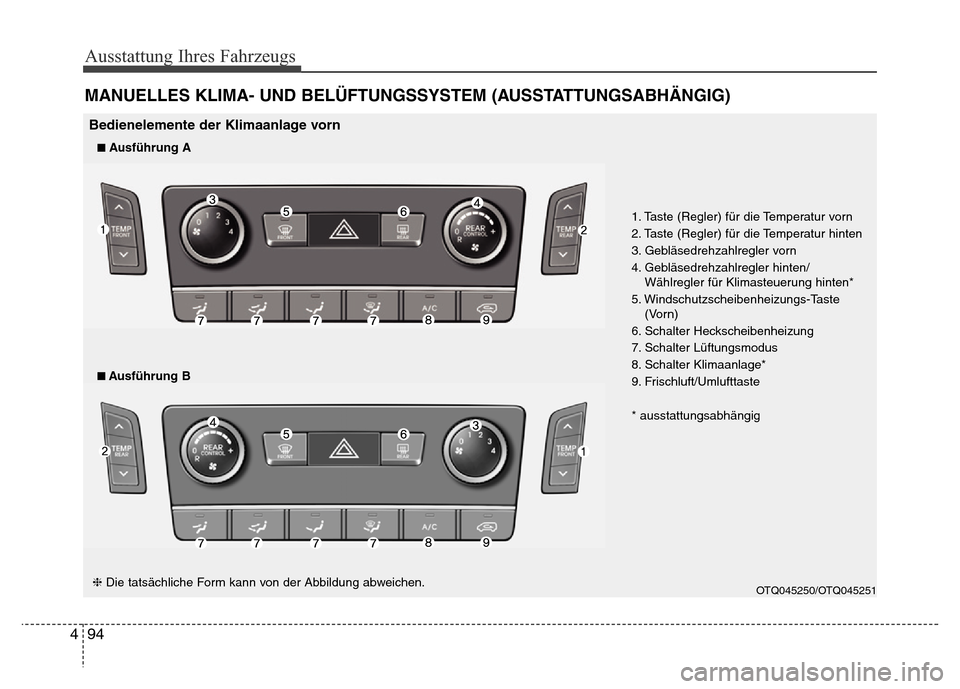 Hyundai H-1 (Grand Starex) 2016  Betriebsanleitung (in German) Ausstattung Ihres Fahrzeugs
94 4
MANUELLES KLIMA- UND BELÜFTUNGSSYSTEM (AUSSTATTUNGSABHÄNGIG)
OTQ045250/OTQ045251
1. Taste (Regler) für die Temperatur vorn
2. Taste (Regler) für die Temperatur hin