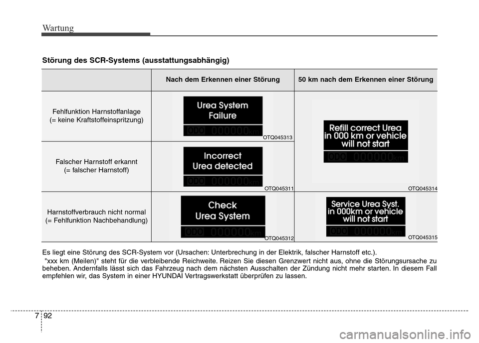 Hyundai H-1 (Grand Starex) 2016  Betriebsanleitung (in German) Wartung
92 7
Störung des SCR-Systems (ausstattungsabhängig)
Es liegt eine Störung des SCR-System vor (Ursachen: Unterbrechung in der Elektrik, falscher Harnstoff etc.).
"xxx km (Meilen)" steht für