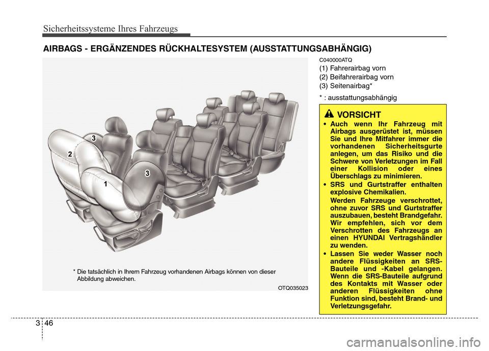 Hyundai H-1 (Grand Starex) 2016 Betriebsanleitung (in German) Sicherheitssysteme Ihres Fahrzeugs
46 3
C040000ATQ
(1) Fahrerairbag vorn
(2) Beifahrerairbag vorn
(3) Seitenairbag*
* : ausstattungsabhängig
AIRBAGS - ERGÄNZENDES RÜCKHALTESYSTEM (AUSSTATTUNGSABHÄ Hyundai H-1 (Grand Starex) 2016 Betriebsanleitung (in German) Sicherheitssysteme Ihres Fahrzeugs
46 3
C040000ATQ
(1) Fahrerairbag vorn
(2) Beifahrerairbag vorn
(3) Seitenairbag*
* : ausstattungsabhängig
AIRBAGS - ERGÄNZENDES RÜCKHALTESYSTEM (AUSSTATTUNGSABHÄ