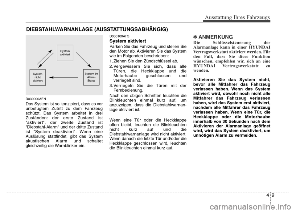 Hyundai H-1 (Grand Starex) 2016 Betriebsanleitung (in German) 49
Ausstattung Ihres Fahrzeugs
D030000AEN
Das System ist so konzipiert, dass es vor
unbefugtem Zutritt zu dem Fahrzeug
schützt. Das System arbeitet in drei
Zuständen: der erste Zustand ist
"aktivier Hyundai H-1 (Grand Starex) 2016 Betriebsanleitung (in German) 49
Ausstattung Ihres Fahrzeugs
D030000AEN
Das System ist so konzipiert, dass es vor
unbefugtem Zutritt zu dem Fahrzeug
schützt. Das System arbeitet in drei
Zuständen: der erste Zustand ist
"aktivier
