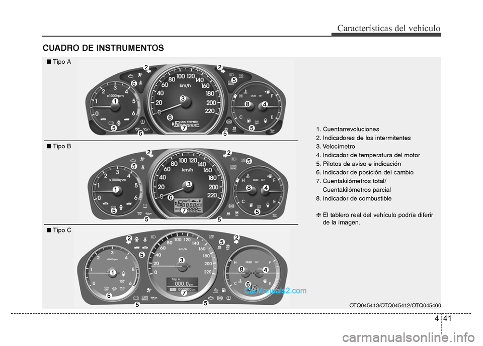 Hyundai H-1 (Grand Starex) 2016  Manual del propietario (in Spanish) 441
Características del vehículo
CUADRO DE INSTRUMENTOS
1. Cuentarrevoluciones
2. Indicadores de los intermitentes
3. Velocímetro
4. Indicador de temperatura del motor
5. Pilotos de aviso e indicac