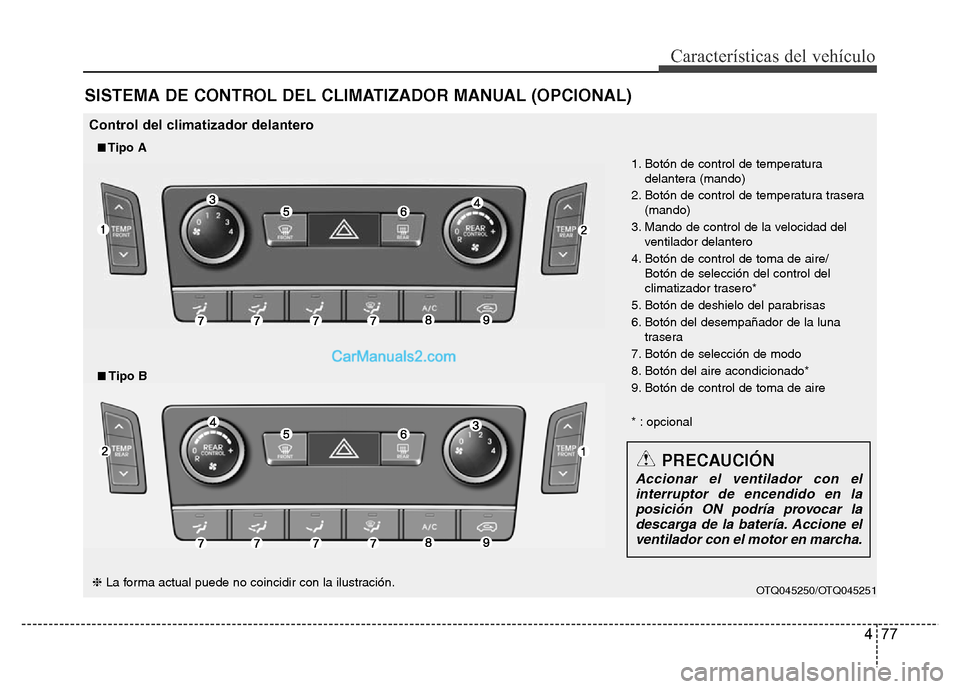 Hyundai H-1 (Grand Starex) 2016  Manual del propietario (in Spanish) 477
Características del vehículo
SISTEMA DE CONTROL DEL CLIMATIZADOR MANUAL (OPCIONAL)
OTQ045250/OTQ045251
1. Botón de control de temperatura
delantera (mando)
2. Botón de control de temperatura t