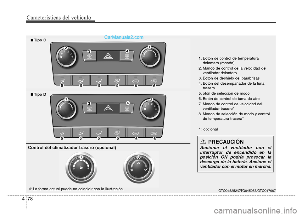 Hyundai H-1 (Grand Starex) 2016  Manual del propietario (in Spanish) Características del vehículo
78 4
OTQ045252/OTQ045253/OTQ047067
1. Botón de control de temperatura
delantera (mando)
2. Mando de control de la velocidad del
ventilador delantero
3. Botón de deshie