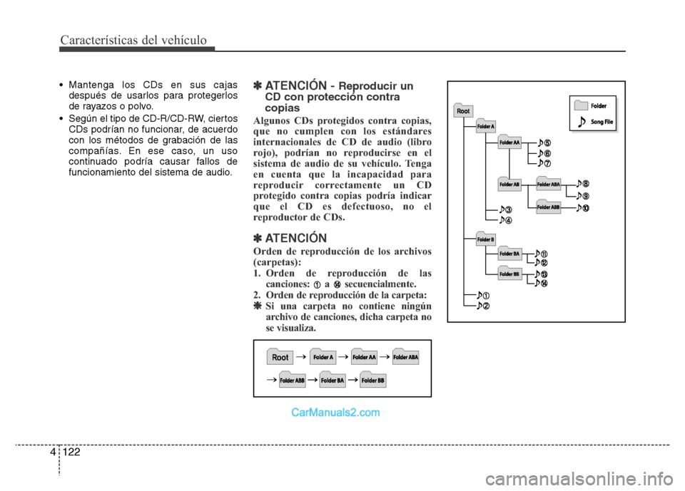 Hyundai H-1 (Grand Starex) 2016  Manual del propietario (in Spanish) Características del vehículo
122 4
• Mantenga los CDs en sus cajas
después de usarlos para protegerlos
de rayazos o polvo.
• Según el tipo de CD-R/CD-RW, ciertos
CDs podrían no funcionar, de 