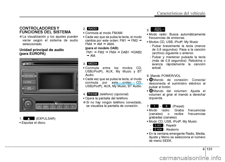 Hyundai H-1 (Grand Starex) 2016 Manual del propietario (in Spanish) 4131
Características del vehículo
CONTROLADORES Y
FUNCIONES DEL SISTEMA
❈La visualización y los ajustes pueden
variar según el sistema de audio
seleccionado.
Unidad principal de audio
(para EUR Hyundai H-1 (Grand Starex) 2016 Manual del propietario (in Spanish) 4131
Características del vehículo
CONTROLADORES Y
FUNCIONES DEL SISTEMA
❈La visualización y los ajustes pueden
variar según el sistema de audio
seleccionado.
Unidad principal de audio
(para EUR
