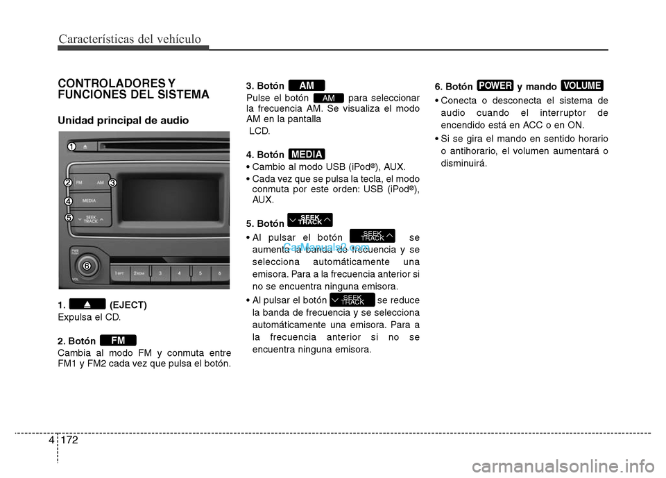 Hyundai H-1 (Grand Starex) 2016 Manual del propietario (in Spanish) Características del vehículo
172 4
CONTROLADORES Y
FUNCIONES DEL SISTEMA
Unidad principal de audio
1. (EJECT)
Expulsa el CD.
2. Botón
Cambia al modo FM y conmuta entre
FM1 y FM2 cada vez que pulsa Hyundai H-1 (Grand Starex) 2016 Manual del propietario (in Spanish) Características del vehículo
172 4
CONTROLADORES Y
FUNCIONES DEL SISTEMA
Unidad principal de audio
1. (EJECT)
Expulsa el CD.
2. Botón
Cambia al modo FM y conmuta entre
FM1 y FM2 cada vez que pulsa