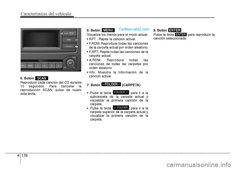 Hyundai H-1 (Grand Starex) 2016  Manual del propietario (in Spanish) Características del vehículo
176 4
5. Botón 
Reproducir cada canción del CD durante
10 segundos. Para cancelar la
reproducción SCAN, pulse de nuevo
esta tecla.6. Botón 
Visualiza los menús para