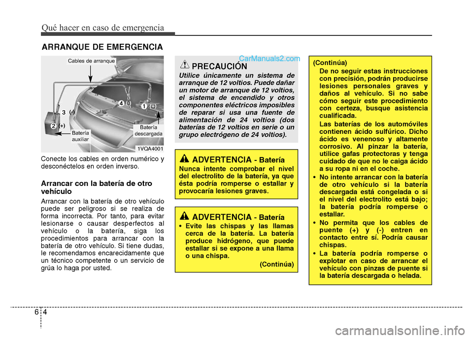 Hyundai H-1 (Grand Starex) 2016 Manual del propietario (in Spanish) Qué hacer en caso de emergencia
4 6
ARRANQUE DE EMERGENCIA
Conecte los cables en orden numérico y
desconéctelos en orden inverso.
Arrancar con la batería de otro
vehículo
Arrancar con la batería Hyundai H-1 (Grand Starex) 2016 Manual del propietario (in Spanish) Qué hacer en caso de emergencia
4 6
ARRANQUE DE EMERGENCIA
Conecte los cables en orden numérico y
desconéctelos en orden inverso.
Arrancar con la batería de otro
vehículo
Arrancar con la batería