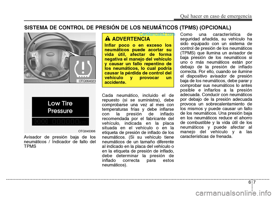 Hyundai H-1 (Grand Starex) 2016 Manual del propietario (in Spanish) 67
Qué hacer en caso de emergencia
SISTEMA DE CONTROL DE PRESIÓN DE LOS NEUMÁTICOS (TPMS) (OPCIONAL)
Avisador de presión baja de los
neumáticos / Indicador de fallo del
TPMSCada neumático, inclu Hyundai H-1 (Grand Starex) 2016 Manual del propietario (in Spanish) 67
Qué hacer en caso de emergencia
SISTEMA DE CONTROL DE PRESIÓN DE LOS NEUMÁTICOS (TPMS) (OPCIONAL)
Avisador de presión baja de los
neumáticos / Indicador de fallo del
TPMSCada neumático, inclu