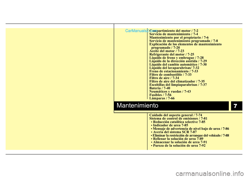 Hyundai H-1 (Grand Starex) 2016 Manual del propietario (in Spanish) 7
Compartimiento del motor / 7-2
Servicio de mantenimiento / 7-4
Mantenimiento por el propietario / 7-6
Servicio de mantenimiento programado / 7-8
Explicación de los elementos de mantenimiento
progr Hyundai H-1 (Grand Starex) 2016 Manual del propietario (in Spanish) 7
Compartimiento del motor / 7-2
Servicio de mantenimiento / 7-4
Mantenimiento por el propietario / 7-6
Servicio de mantenimiento programado / 7-8
Explicación de los elementos de mantenimiento
progr