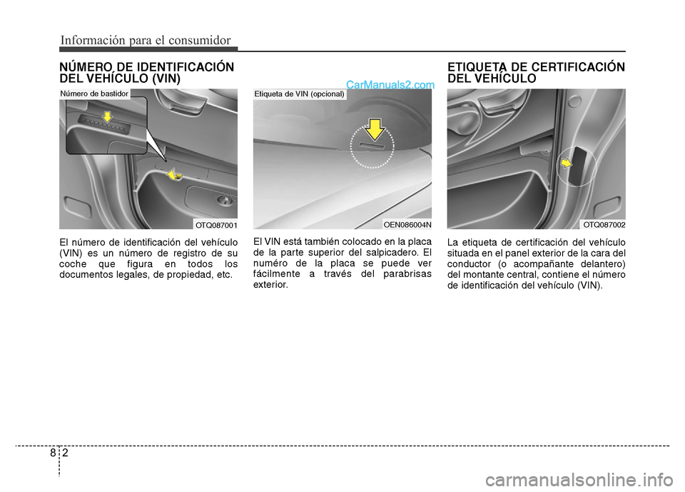 Hyundai H-1 (Grand Starex) 2016  Manual del propietario (in Spanish) Información para el consumidor
2 8
NÚMERO DE IDENTIFICACIÓN
DEL VEHÍCULO  (VIN)
El número de identificación del vehículo
(VIN) es un número de registro de su
coche que figura en todos los
docu