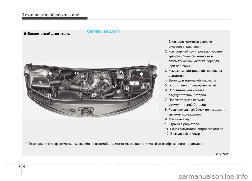 Hyundai H-1 (Grand Starex) 2016  Инструкция по эксплуатации (in Russian) Техническое обслуживание
4 7
OTQ077066
1. Бачок для жидкости усилителя
рулевого управления
2. Контрольный щуп прове