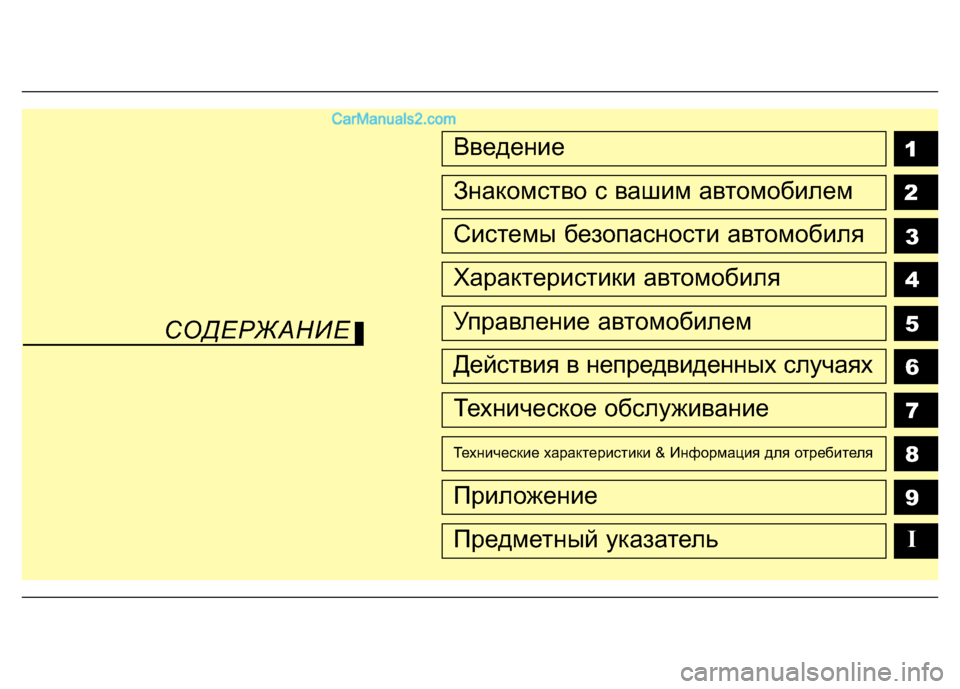 Hyundai H-1 (Grand Starex) 2016  Инструкция по эксплуатации (in Russian) 1
2
3
4
5
6
7
8
9Введение
Знакомство с вашим автомобилем
Системы безопасности автомобиля
Характеристики автомобил