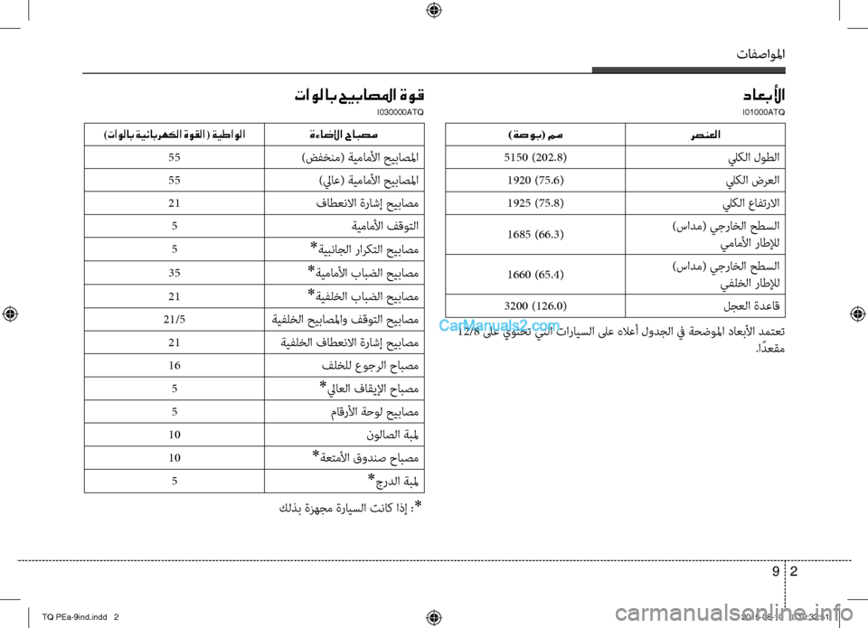 Hyundai H-1 (Grand Starex) 2016  دليل المالك تافصاولما
2 9
داعبلأا
I01000ATQ
تاولاب حيباصلما ةوق
I030000ATQ
 12/8 لىع يوتحت يتafا تارايسafا لىع abلاعأ لودجafا في ةحضولما د