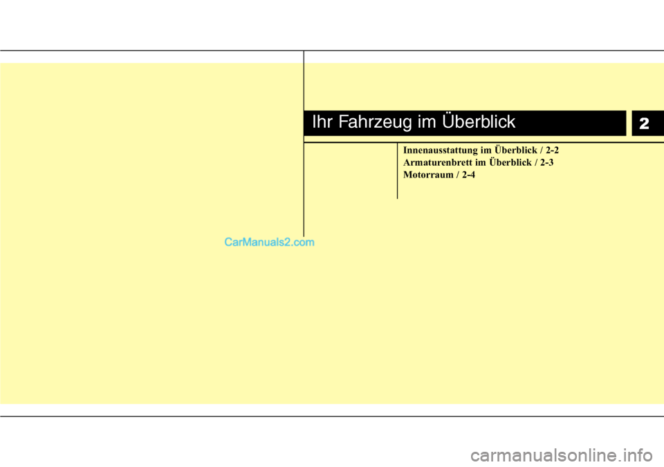 Hyundai H-1 (Grand Starex) 2015  Betriebsanleitung (in German) Innenausstattung im Überblick / 2-2
Armaturenbrett im Überblick / 2-3
Motorraum / 2-4
Ihr Fahrzeug im Überblick2  