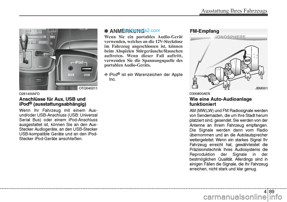 Hyundai H-1 (Grand Starex) 2015  Betriebsanleitung (in German) 489
Ausstattung Ihres Fahrzeugs
D281400AFD
Anschlüsse für Aux, USB und
iPod®(ausstattungsabhängig)
Wenn Ihr Fahrzeug mit einem Aux-
und/oder USB-Anschluss (USB: Universal
Serial Bus) oder einem iP