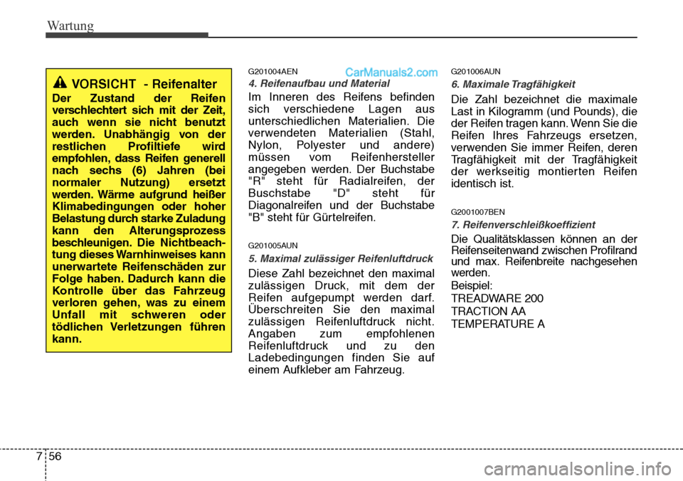 Hyundai H-1 (Grand Starex) 2015 Betriebsanleitung (in German) Wartung
56 7
G201004AEN
4. Reifenaufbau und Material
Im Inneren des Reifens befinden
sich verschiedene Lagen aus
unterschiedlichen Materialien. Die
verwendeten Materialien (Stahl,
Nylon, Polyester und Hyundai H-1 (Grand Starex) 2015 Betriebsanleitung (in German) Wartung
56 7
G201004AEN
4. Reifenaufbau und Material
Im Inneren des Reifens befinden
sich verschiedene Lagen aus
unterschiedlichen Materialien. Die
verwendeten Materialien (Stahl,
Nylon, Polyester und