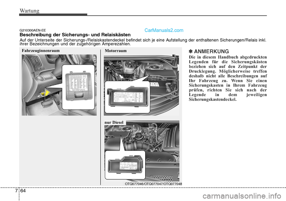 Hyundai H-1 (Grand Starex) 2015  Betriebsanleitung (in German) Wartung
64 7
✽ANMERKUNG
Die in diesem Handbuch abgedruckten
Legenden für die Sicherungskästen
beziehen sich auf den Zeitpunkt der
Drucklegung. Möglicherweise treffen
deshalb nicht alle Beschreibu