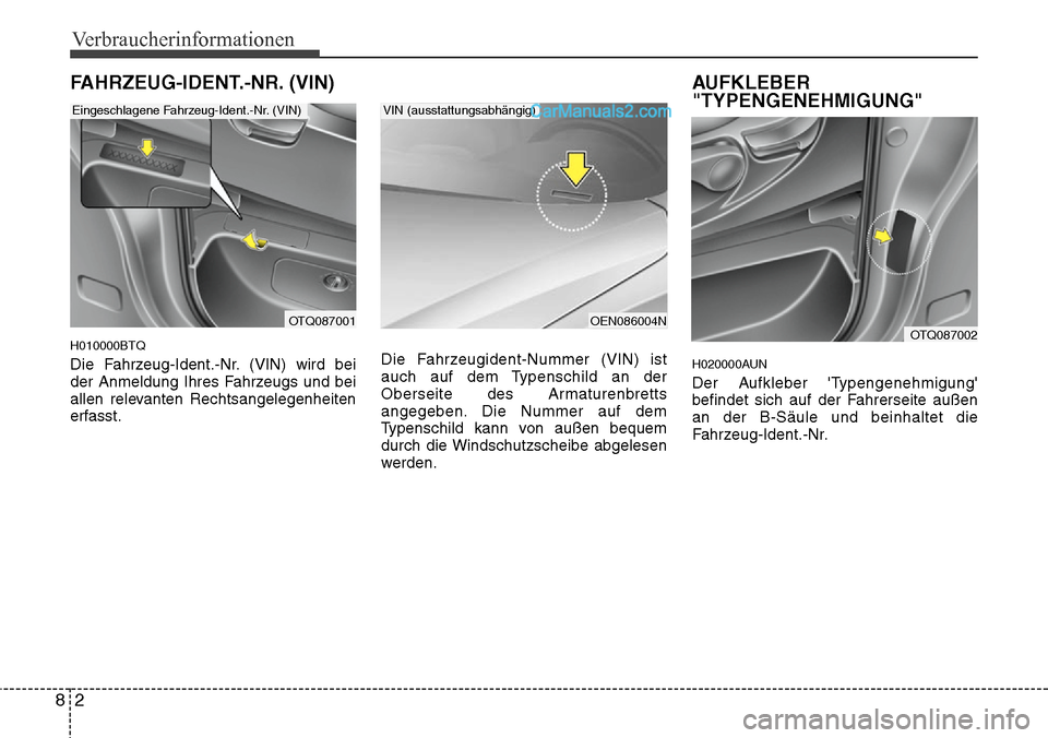 Hyundai H-1 (Grand Starex) 2015  Betriebsanleitung (in German) Verbraucherinformationen
2 8
FAHRZEUG-IDENT.-NR. (VIN)
H010000BTQ
Die Fahrzeug-Ident.-Nr. (VIN) wird bei
der Anmeldung Ihres Fahrzeugs und bei
allen relevanten Rechtsangelegenheiten
erfasst.Die Fahrze