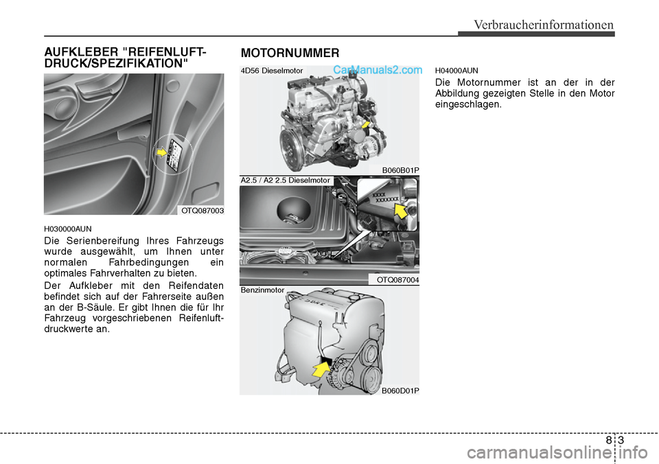 Hyundai H-1 (Grand Starex) 2015  Betriebsanleitung (in German) 83
Verbraucherinformationen
AUFKLEBER "REIFENLUFT-
DRUCK/SPEZIFIKATION"
H030000AUN
Die Serienbereifung Ihres Fahrzeugs
wurde ausgewählt, um Ihnen unter
normalen Fahrbedingungen ein
optimales Fahrverh
