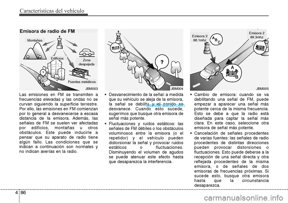 Hyundai H-1 (Grand Starex) 2015  Manual del propietario (in Spanish) Características del vehículo
86 4
Las emisiones en FM se transmiten a
frecuencias elevadas y las ondas no se
curvan siguiendo la superficie terrestre.
Por ello, las emisiones en FM comienzan
por lo 