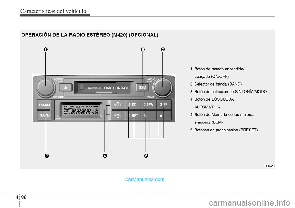Hyundai H-1 (Grand Starex) 2015  Manual del propietario (in Spanish) Características del vehículo
88 4
1. Botón de mando encendido/
apagado (ON/OFF)
2. Selector de banda (BAND)
3. Botón de selección de SINTONÍA/MODO
4. Botón de BÚSQUEDA 
AUTOMÁTICA
5. Botón d