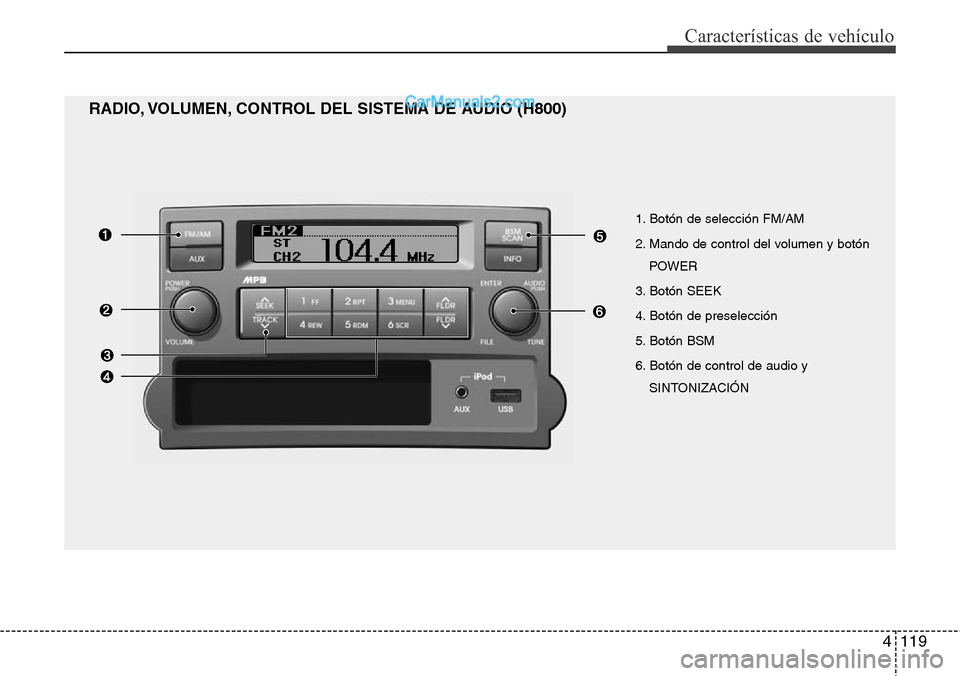 Hyundai H-1 (Grand Starex) 2015  Manual del propietario (in Spanish) 4119
Características de vehículo
RADIO, VOLUMEN, CONTROL DEL SISTEMA DE AUDIO (H800)
1. Botón de selección FM/AM
2. Mando de control del volumen y botón
POWER
3. Botón SEEK
4. Botón de preselec