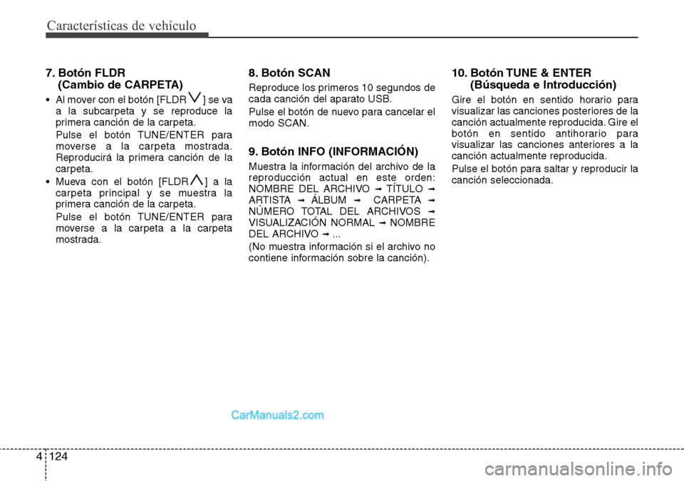 Hyundai H-1 (Grand Starex) 2015  Manual del propietario (in Spanish) Características de vehículo
124 4
7. Botón FLDR 
(Cambio de CARPETA)
• Al mover con el botón [FLDR ] se va
a la subcarpeta y se reproduce la
primera canción de la carpeta.
Pulse el botón TUNE/