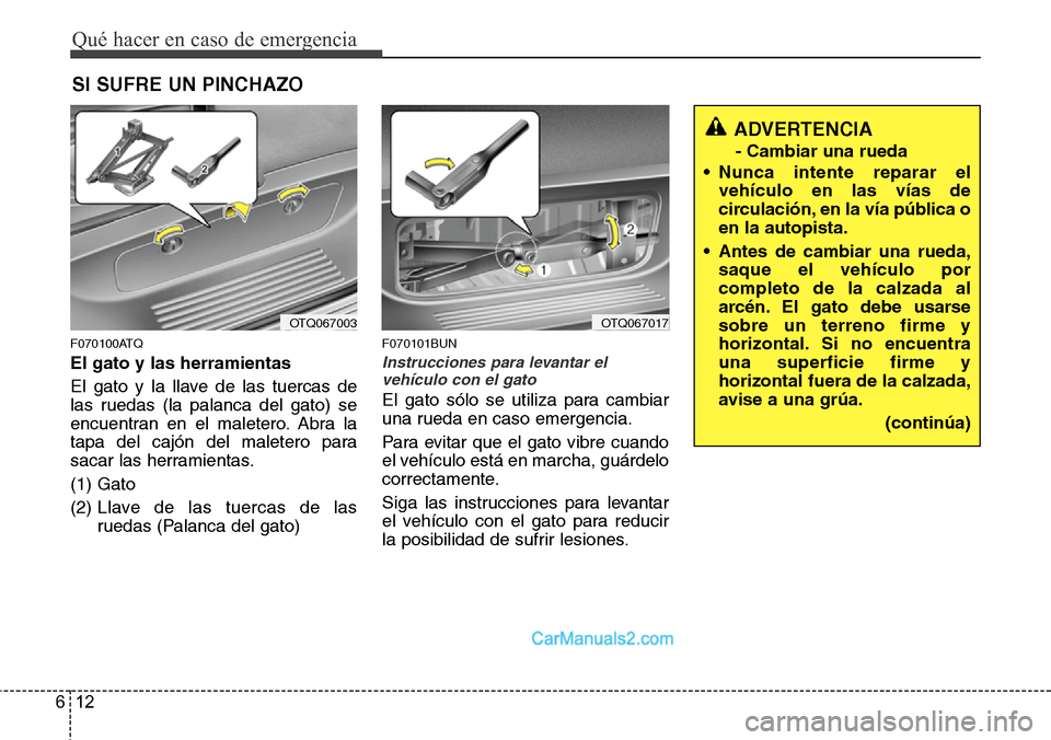 Hyundai H-1 (Grand Starex) 2015  Manual del propietario (in Spanish) Qué hacer en caso de emergencia
12 6
SI SUFRE UN PINCHAZO
F070100ATQ
El gato y las herramientas
El gato y la llave de las tuercas de
las ruedas (la palanca del gato) se
encuentran en el maletero. Abr