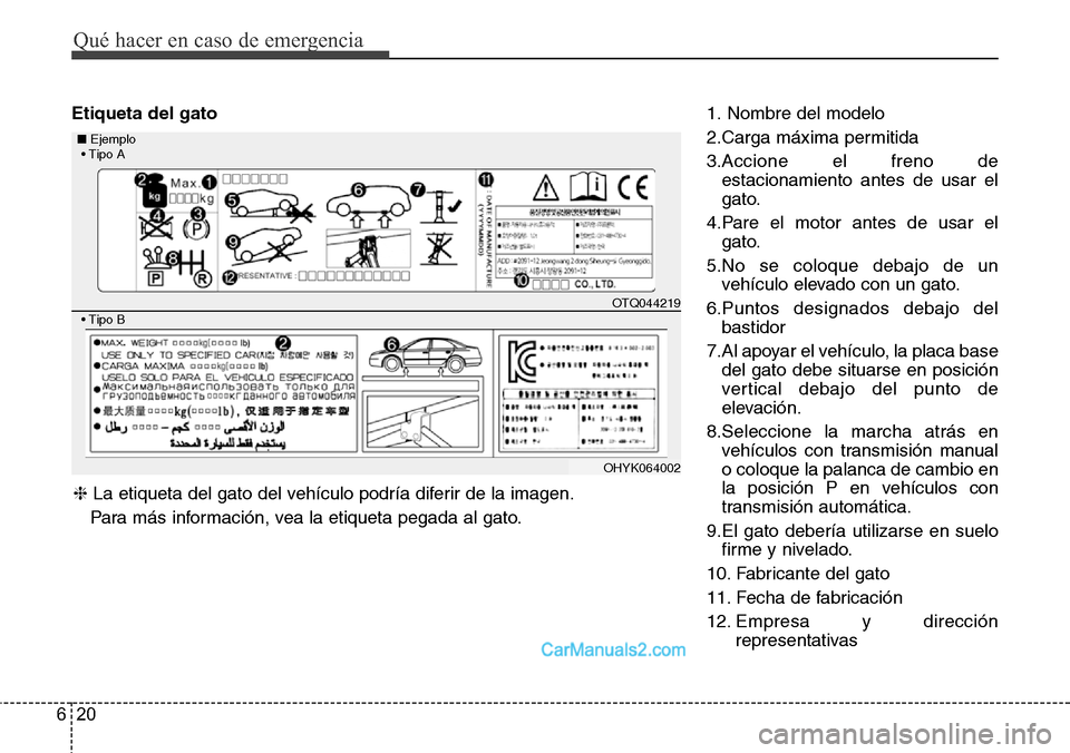 Hyundai H-1 (Grand Starex) 2015  Manual del propietario (in Spanish) Qué hacer en caso de emergencia
20 6
Etiqueta del gato1. Nombre del modelo
2.Carga máxima permitida
3.Accione el freno de
estacionamiento antes de usar el
gato.
4.Pare el motor antes de usar el
gato