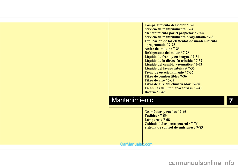 Hyundai H-1 (Grand Starex) 2015  Manual del propietario (in Spanish) 7
Compartimiento del motor / 7-2
Servicio de mantenimiento / 7-4
Mantenimiento por el propietario / 7-6
Servicio de mantenimiento programado / 7-8
Explicación de los elementos de mantenimiento 
progr