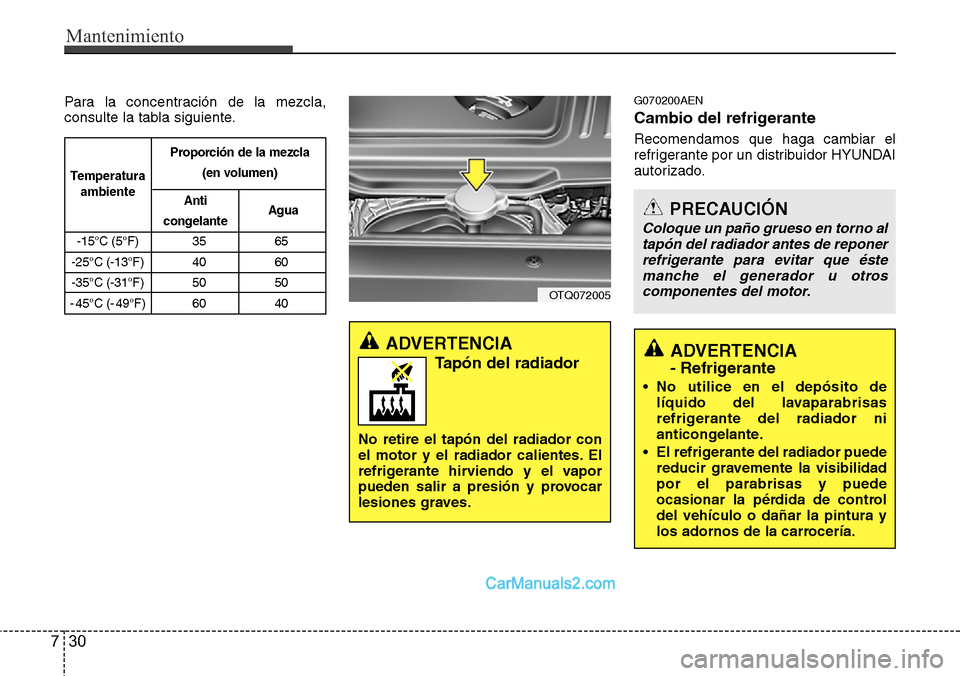 Hyundai H-1 (Grand Starex) 2015  Manual del propietario (in Spanish) Mantenimiento
30 7
Para la concentración de la mezcla,
consulte la tabla siguiente.G070200AEN
Cambio del refrigerante
Recomendamos que haga cambiar el
refrigerante por un distribuidor HYUNDAI
autoriz