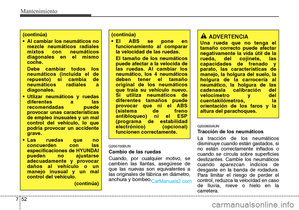 Hyundai H-1 (Grand Starex) 2015  Manual del propietario (in Spanish) Mantenimiento
52 7
G200700BUN
Cambio de las ruedas
Cuando, por cualquier motivo, se
cambien las llantas, asegúrese de
que las nuevas son equivalentes a
las originales de fábrica en diámetro,
anchur